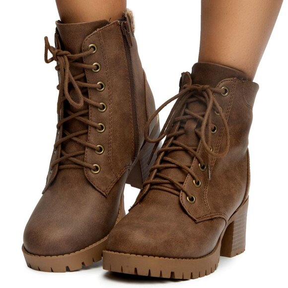 New Distressed Brown Lace-Up Knit Ankle Boots Booties Chunky Block Heel Platform - Picture 4 of 8